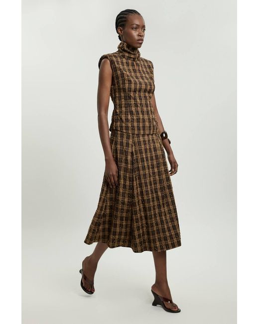 Karen Millen Brown Beaded Check Print High Neck Top