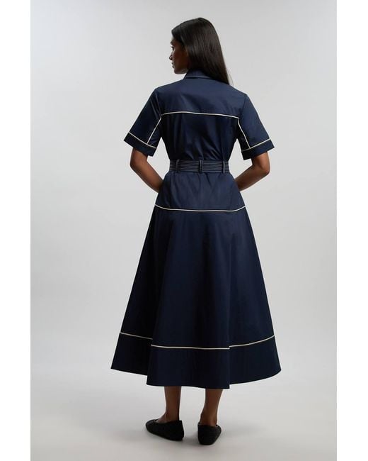 Karen Millen Blue Cotton Sateen Button Detail Woven Midi Shirt Dress With Contrast Piping