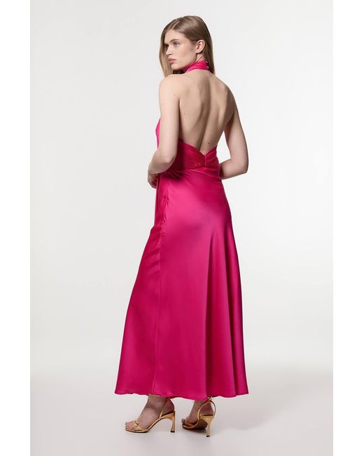 Karen Millen Pink Tall Halter Pleated Woven Maxi Dress