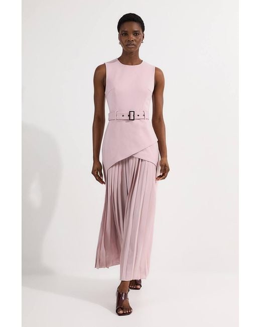 Karen Millen Pink Forever Ponte And Georgette Jersey Pleated Maxi Dress