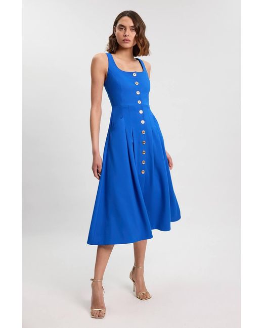 Karen Millen Blue Tailored Button Though Strappy Full Midi Dress