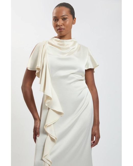 Karen Millen Blue Plus Size Textured Satin Ruffle Detail Midi Dress