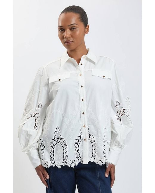 Karen Millen White Plus Size Cotton Cutwork Balloon Sleeve Woven Shirt