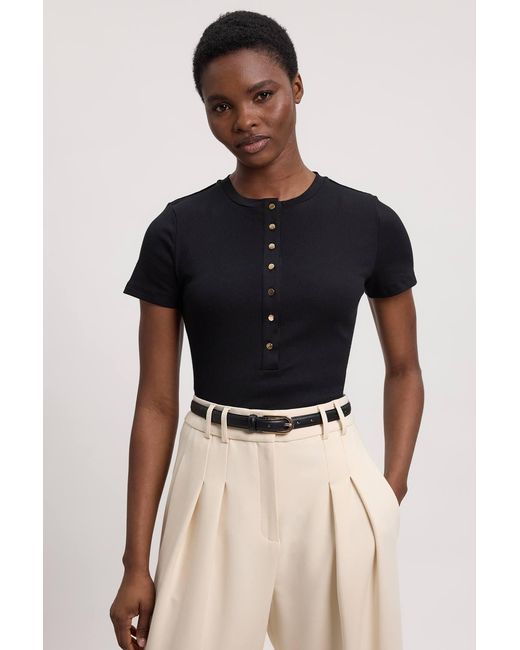 Karen Millen Black Viscose Rib Button Up Crew Neck T-Shirt