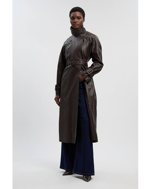 Karen Millen Blue Petite Leather Belted Trench Coat