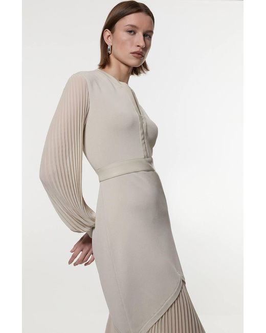 Karen Millen Natural Woven Sleeved Pleated Dress With Pu