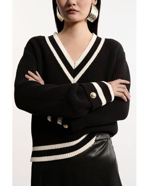 Karen Millen Black Cotton V Neck Knit Boxy Jumper