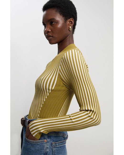 Karen Millen Green Stripe Fitted Long Sleeve Knitted Top