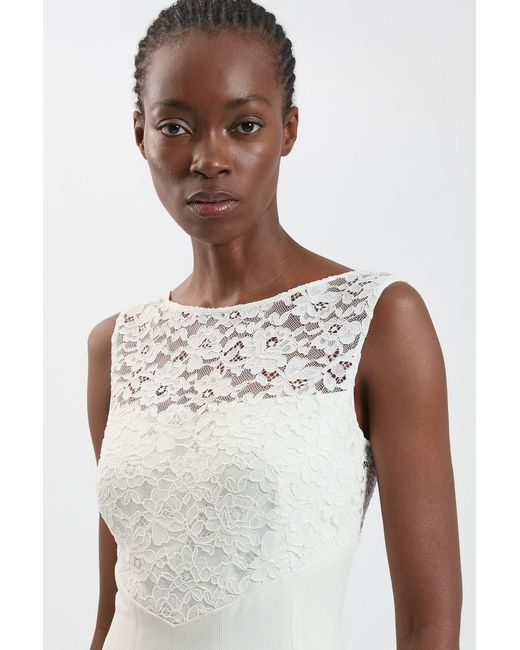 Karen Millen White Compact Stretched Lace Detail Midi Dress