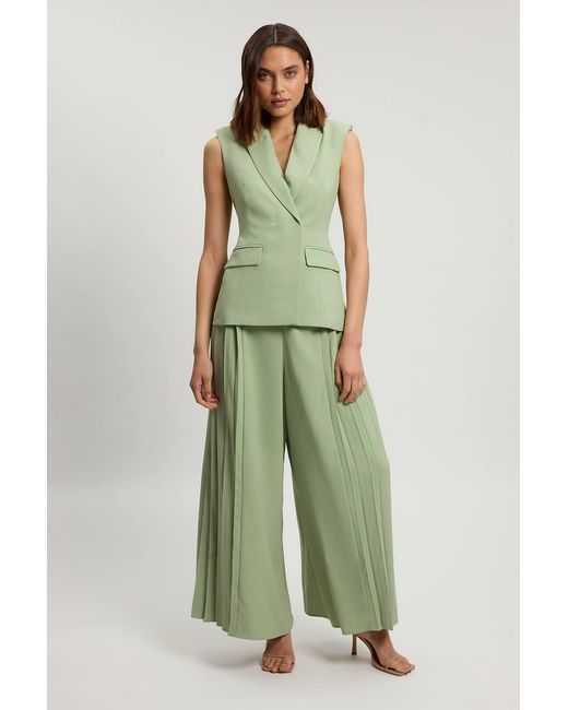 Karen Millen Green Tailored Crepe Asymmetric Pleat Wide Leg Jumpsuit