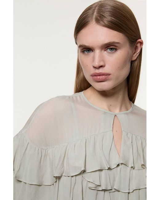 Karen Millen Gray Drama Ruffle Viscose Georgette Woven Blouse