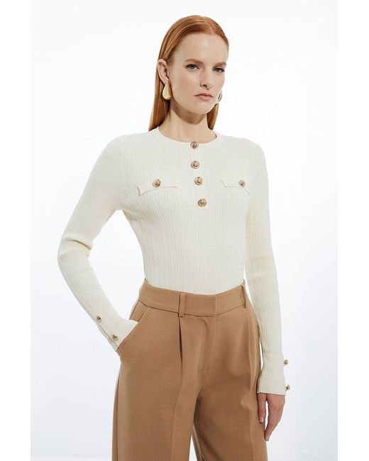 Karen Millen Natural Forever Military Trim Rib Long Sleeve Knit Top