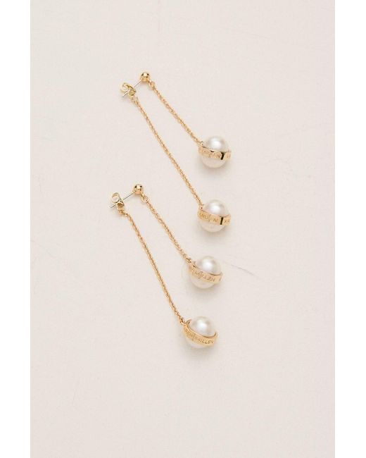Karen Millen Brown 14K Plated Logo Pearl Double Drop Earrings