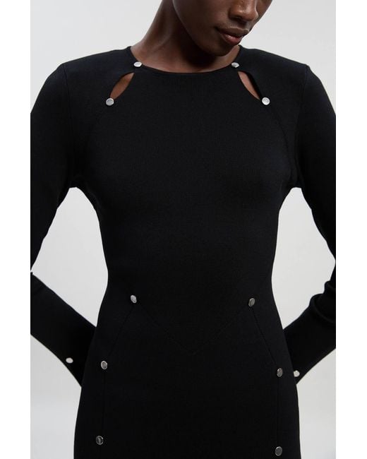 Karen Millen Black Viscose Blend Stud Keyhole Detail Knit Mini Dress