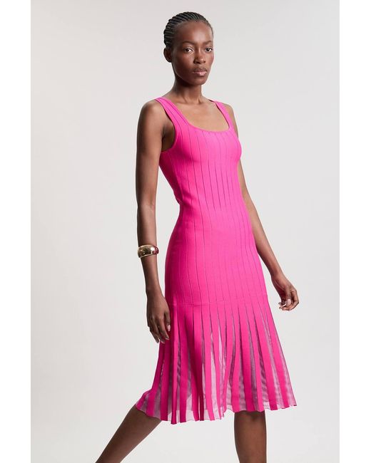Karen Millen Pink Compact Stretch Square Neck Knitted Flippy Dress
