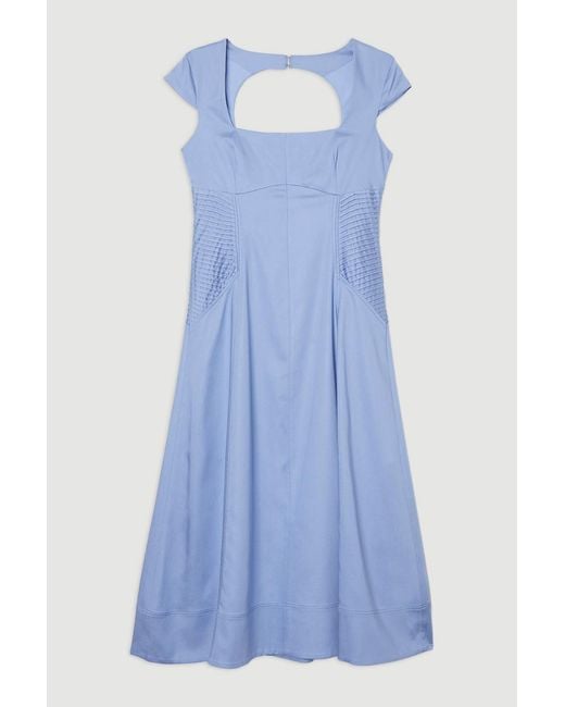 Karen Millen Blue Premium Linen Pintuck Detail Full Skirted Tailored Midi Dress