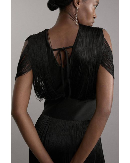 Karen Millen Gray Figure Form Bandage Knit Fringe Detail Dress