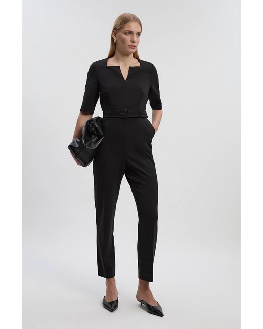 Karen Millen Black Forever Structured Crepe Notch Neck Belted Tailored Jumpsuit