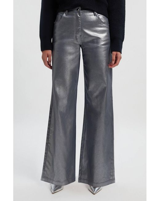 Karen Millen Blue Metallic Coated Denim Wide Leg Jeans