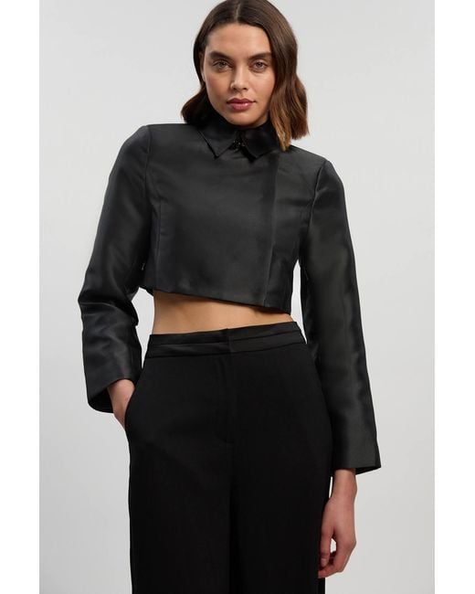 Karen Millen Black Petite Forever Satin Twill Cropped Wrap Tailored Jacket