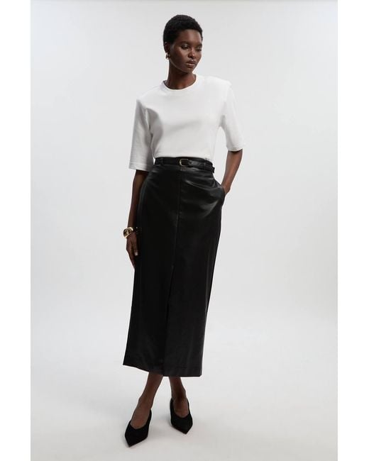 Karen Millen Black Faux Leather Tailored Midi Pencil Skirt