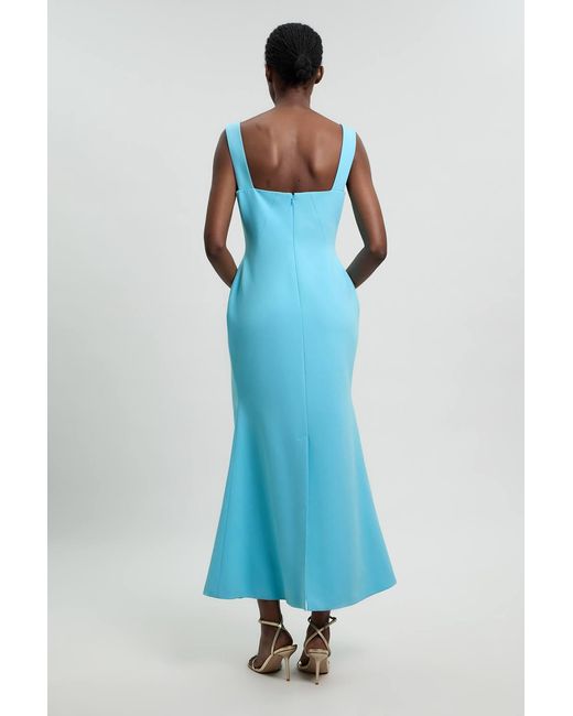 Karen Millen Blue Compact Stretch High Neck Clean Pencil Midi Dress