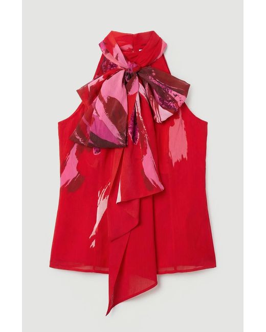 Karen Millen Red Photographic Floral Crinkle Georgette Sleeveless Tie Neck Woven Top