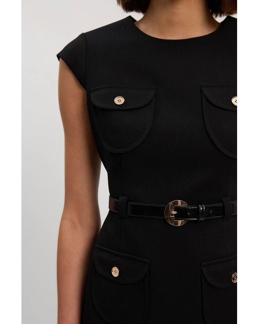 Karen Millen Black Textured Compact Stretch Tailored Belted Mini Dress