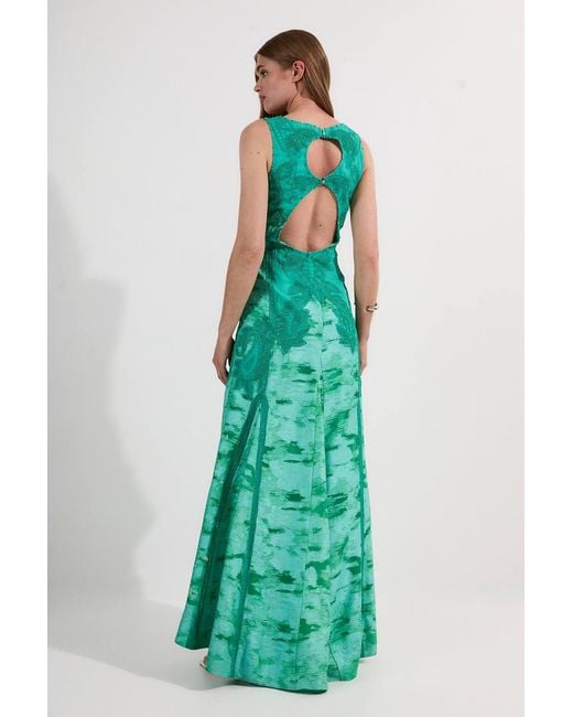 Karen Millen Green Burnout Embellished And Beaded Open Back Woven Maxi Dress