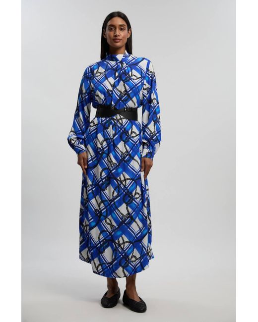 Karen Millen Blue Rope Print Viscose Crepe Balloon Sleeve Maxi Dress With Pu Belt