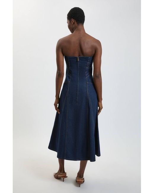Karen Millen Blue Denim Bandeau Corset Detail Midi Dress