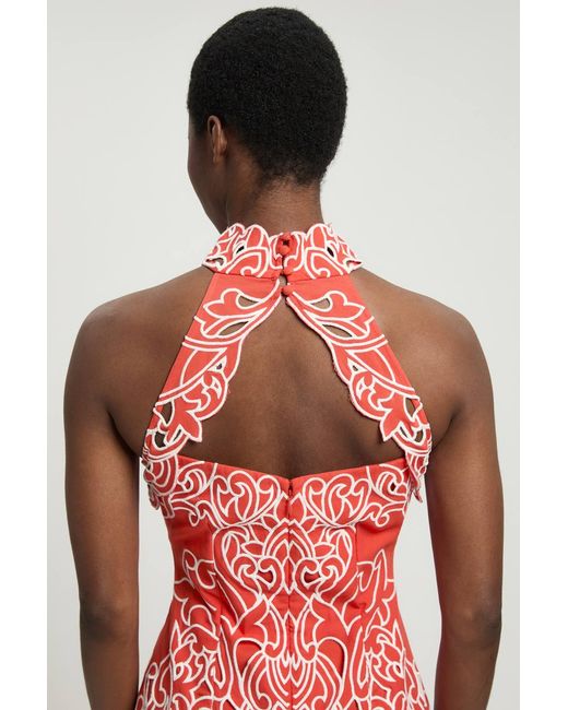 Karen Millen Red Cotton Cutwork Woven Halter Midi Dress