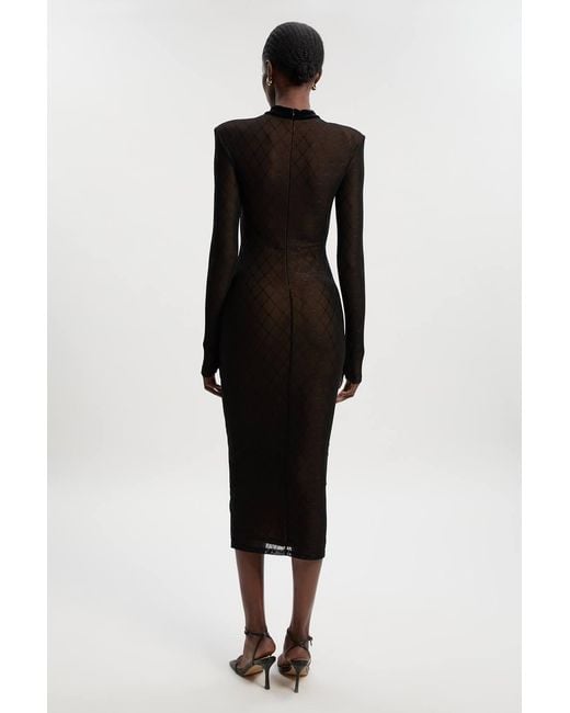 Karen Millen Black Mesh With Velvet Bow Trim Detail Long Sleeve Midi Dress