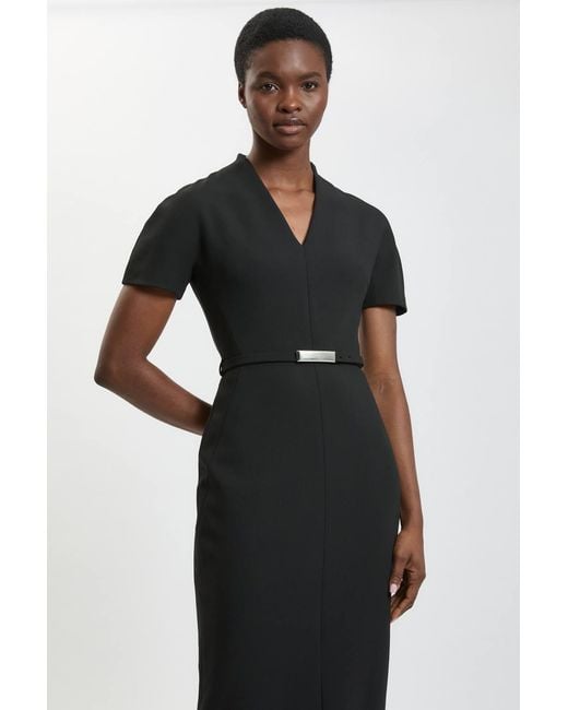 Karen Millen Black Compact Stretch Tailored Belted Midi Pencil Dress