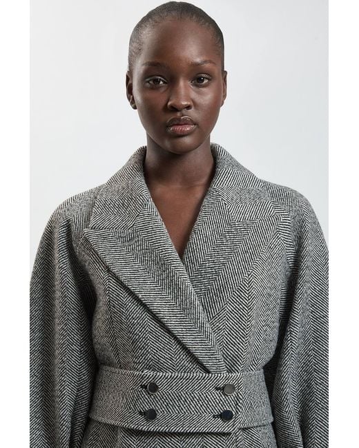 Karen Millen Gray Wool Herringbone Belted Maxi Trench Coat