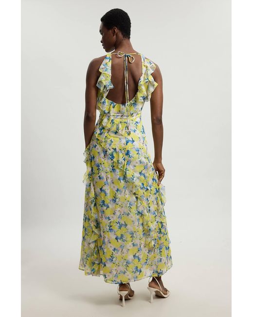 Karen Millen Green Petite Crinkle Georgette Ruffle Detail Halter Neck Woven Maxi Dress
