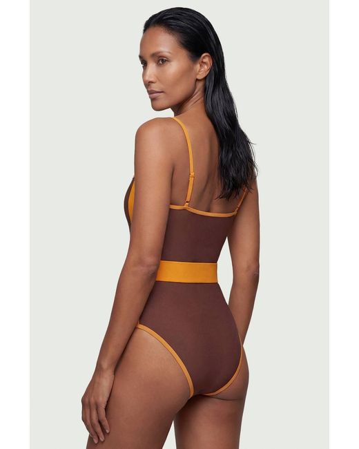 Karen Millen Orange Contrast Panelled Bandeau Swimsuit With Belt