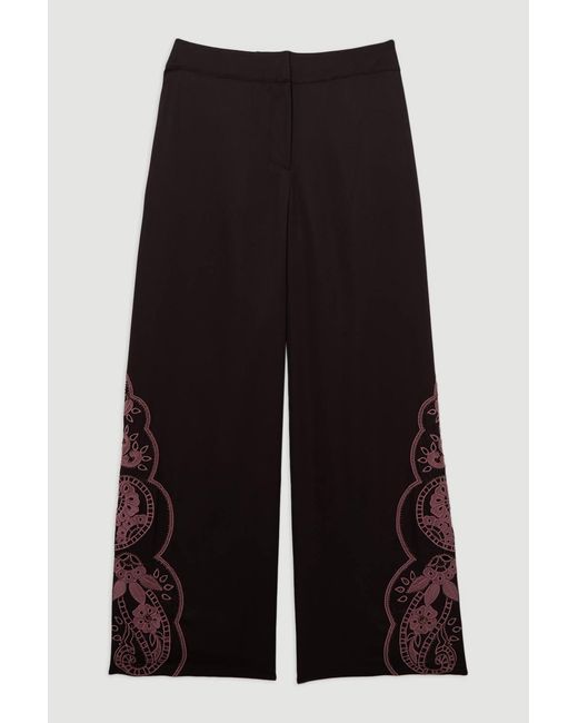 Karen Millen Brown Tall Cutwork Beaded Twill Wide Leg Woven Trouser