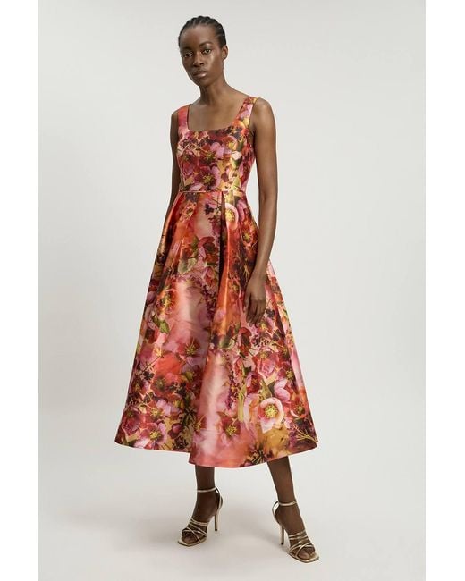 Karen Millen White Petite Jacquard Twill Floral Print Corseted Woven Maxi Dress