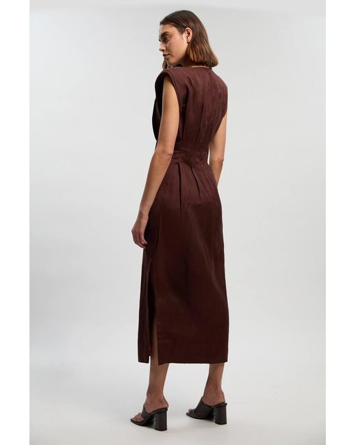 Karen Millen Brown Viscose Linen Woven Pintuck Midi Dress