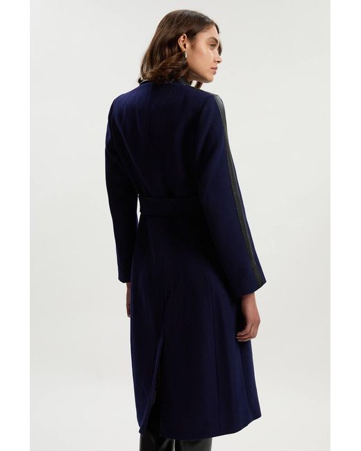 Karen Millen Blue Wool Pu Mix Belted Midi Coat