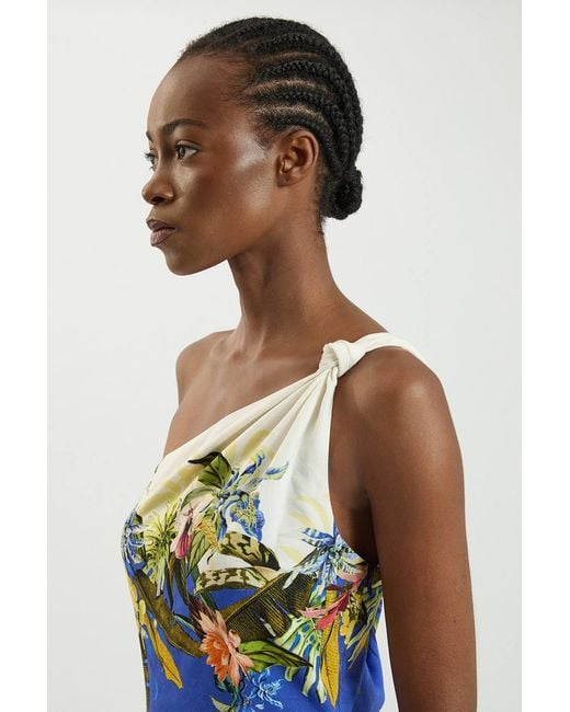 Karen Millen Blue Placement Print Linen Viscose One Shoulder Midi Dress