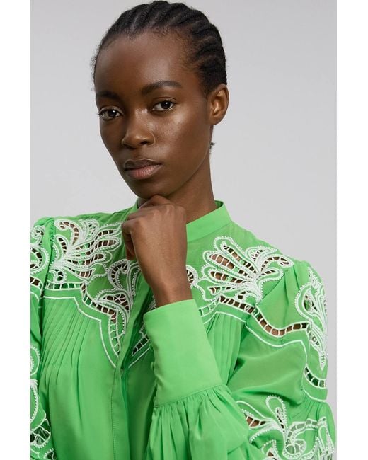 Karen Millen Green Cutwork Beaded Embroidered Woven Blouse