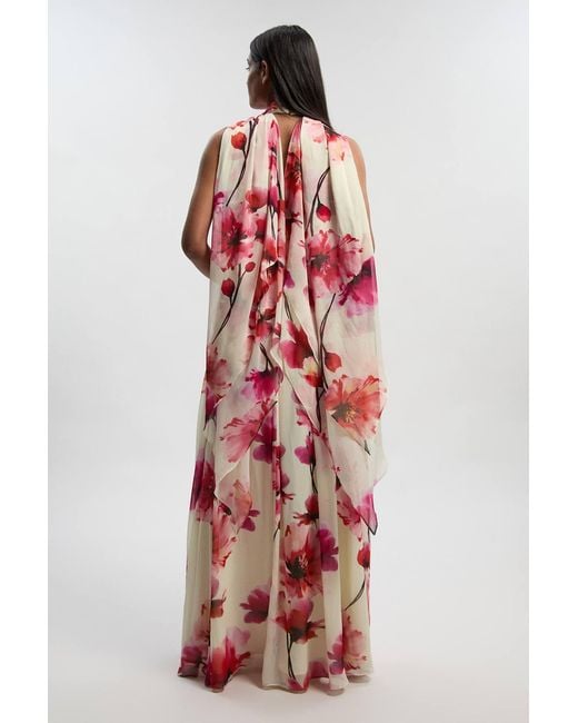 Karen Millen Red Floral Print Crinkle Cross Front Georgette Woven Maxi Dress