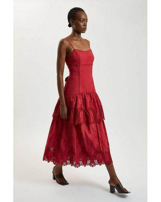 Karen Millen Red Cotton Cutwork Strappy Woven Midi Dress