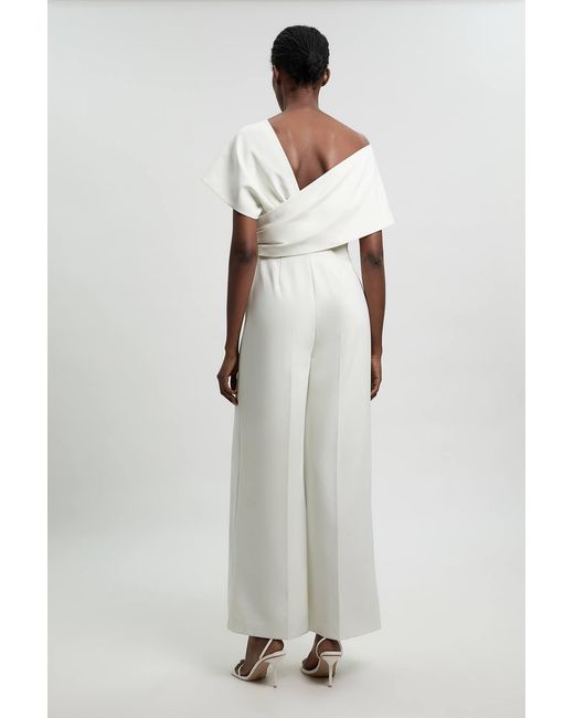 Karen Millen White Compact Viscose Stretch Tailored Off Shoulder Jumpsuit