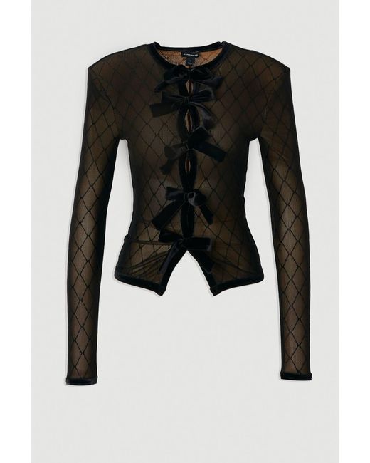 Karen Millen Black Mesh With Velvet Bow Trim Detail Crew Neck Long Sleeve Top