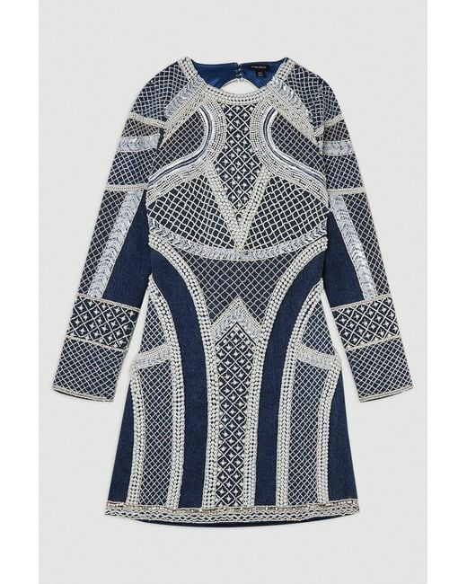 Karen Millen Blue Embellished Pearl Long Sleeve Mini Dress