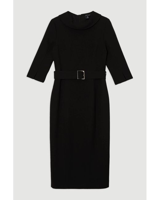 Karen Millen Black Tailored Structured Crepe Roll Neck Pencil Midi Dress