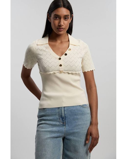 Karen Millen Natural Petite Knit Stitch Detail Rib Collared Short Sleeve Top